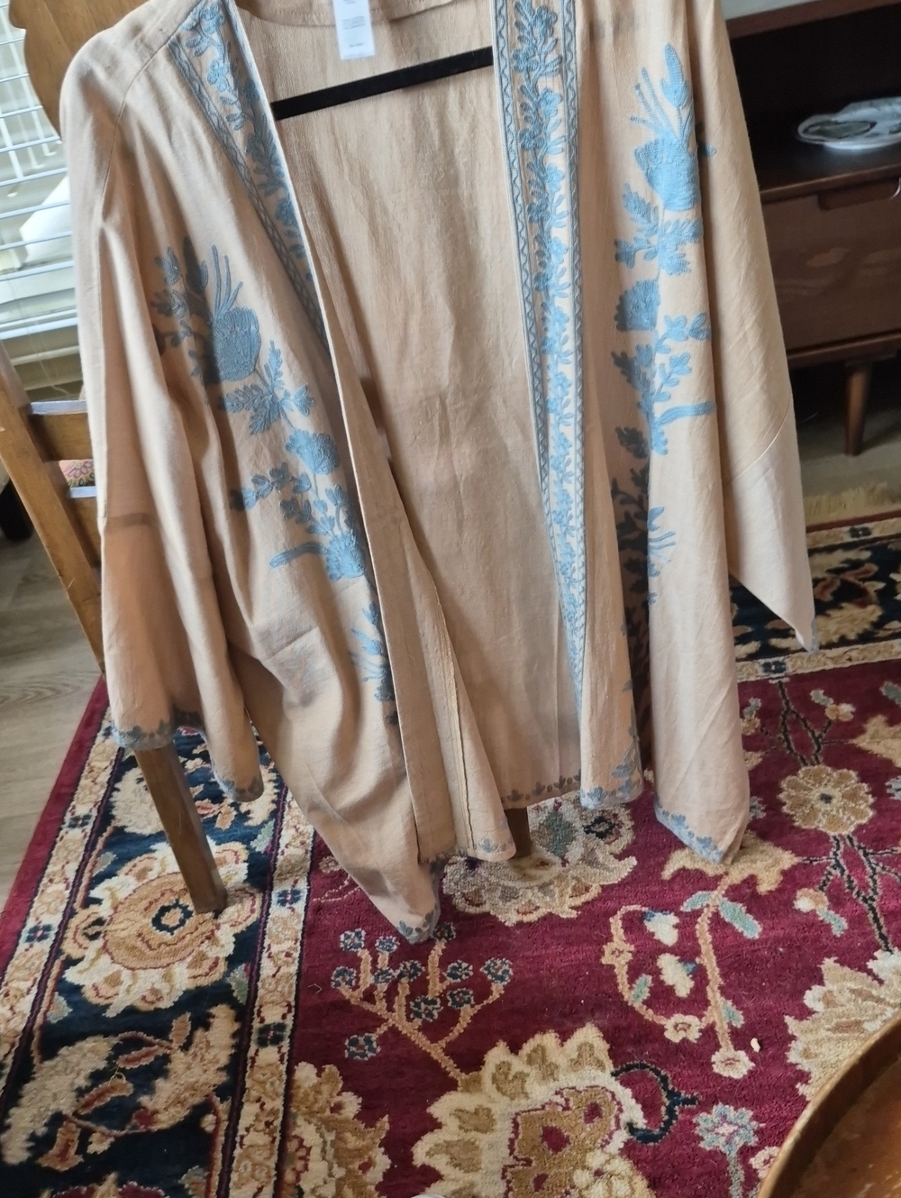 Embroidered Beige Kimono Cardigan with Light Blue Floral Trim 100% Cotton.